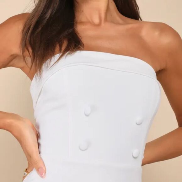 NWOT Lulus Upscale Pose White Button-Front Strapless Romper Sz L Feminine Skort - Picture 4 of 15